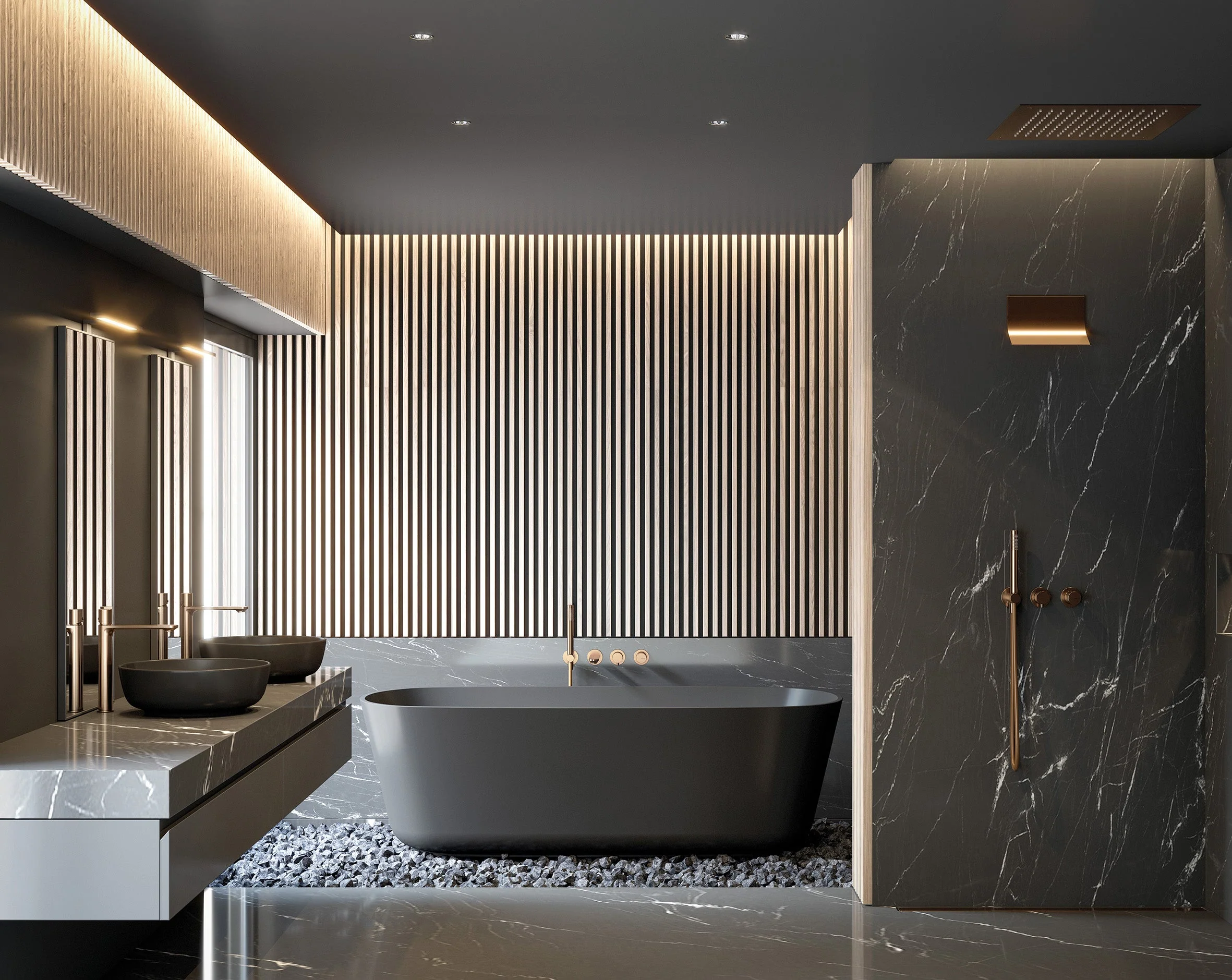 Salle de bain contemporaine avec baignoire autoportante